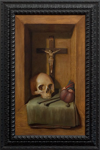 Pop Surrealism Oil Painting with Catholic Symbols by Los Angeles Artist Chris Peters